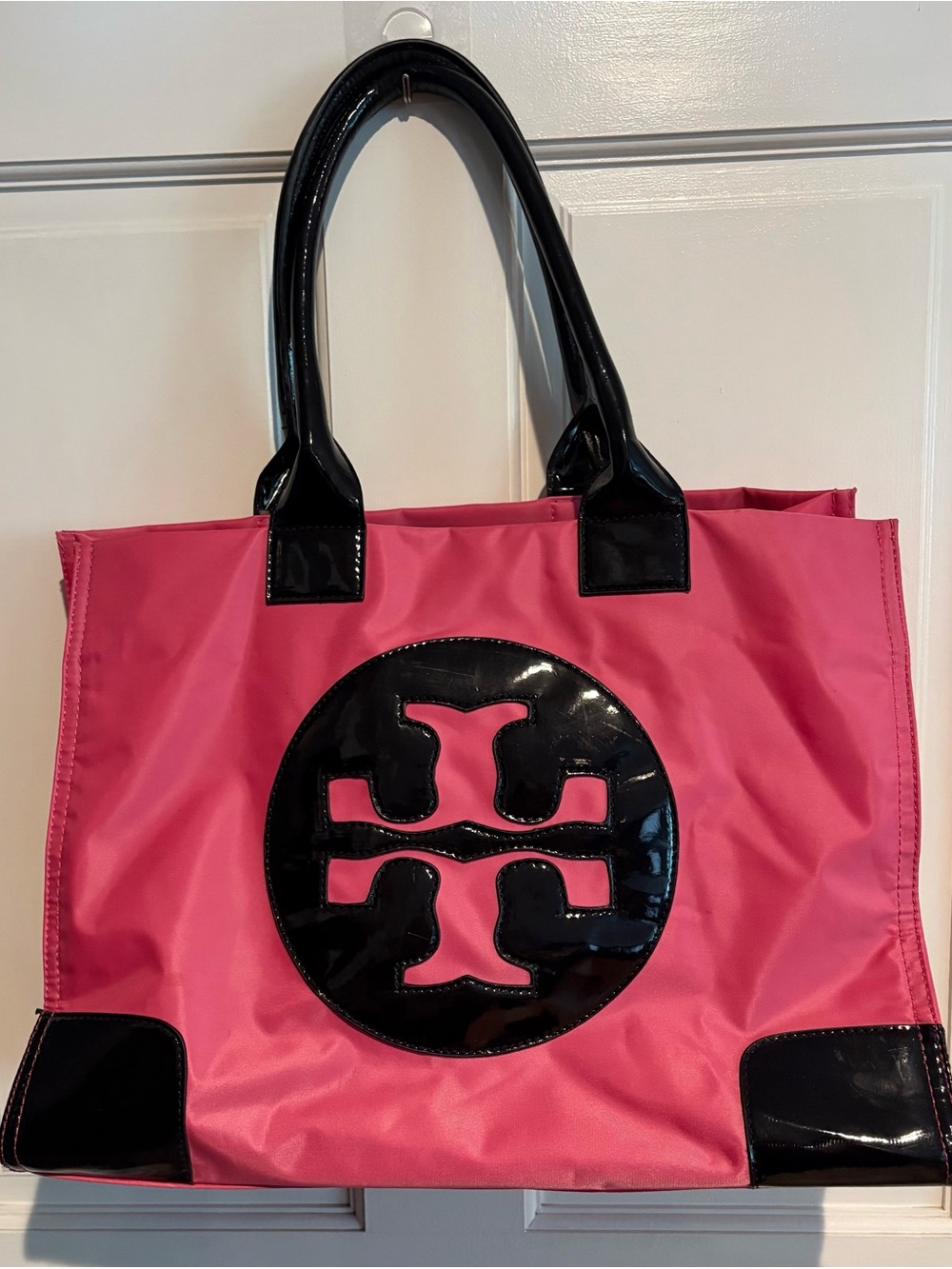 Tory Burch Ella Large Nylon Tote Bag in Hot Pink with Patent Accents